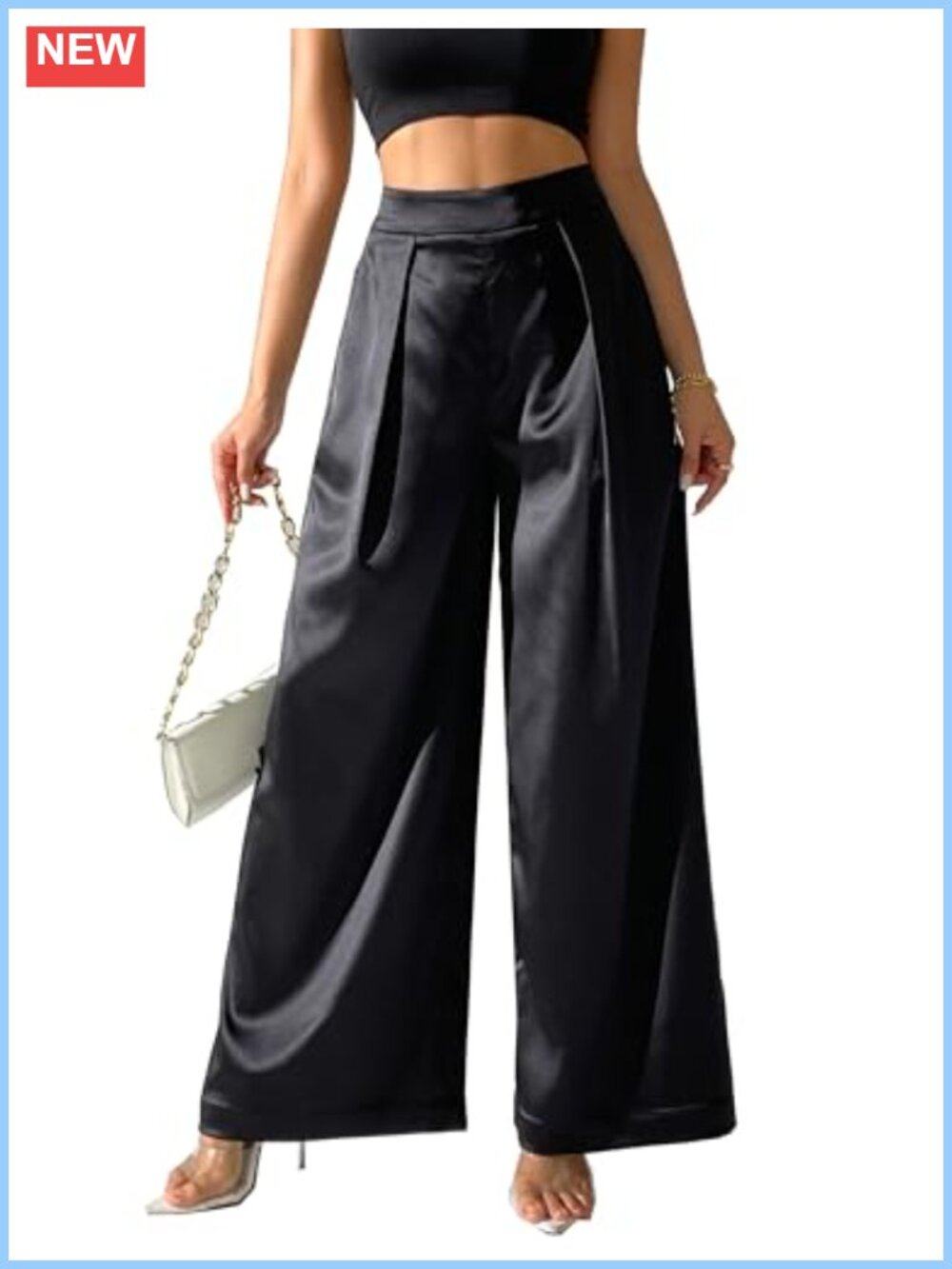 Satin Wide Leg Palazzo Pants High Rise Pull On Pleated Women's Casual